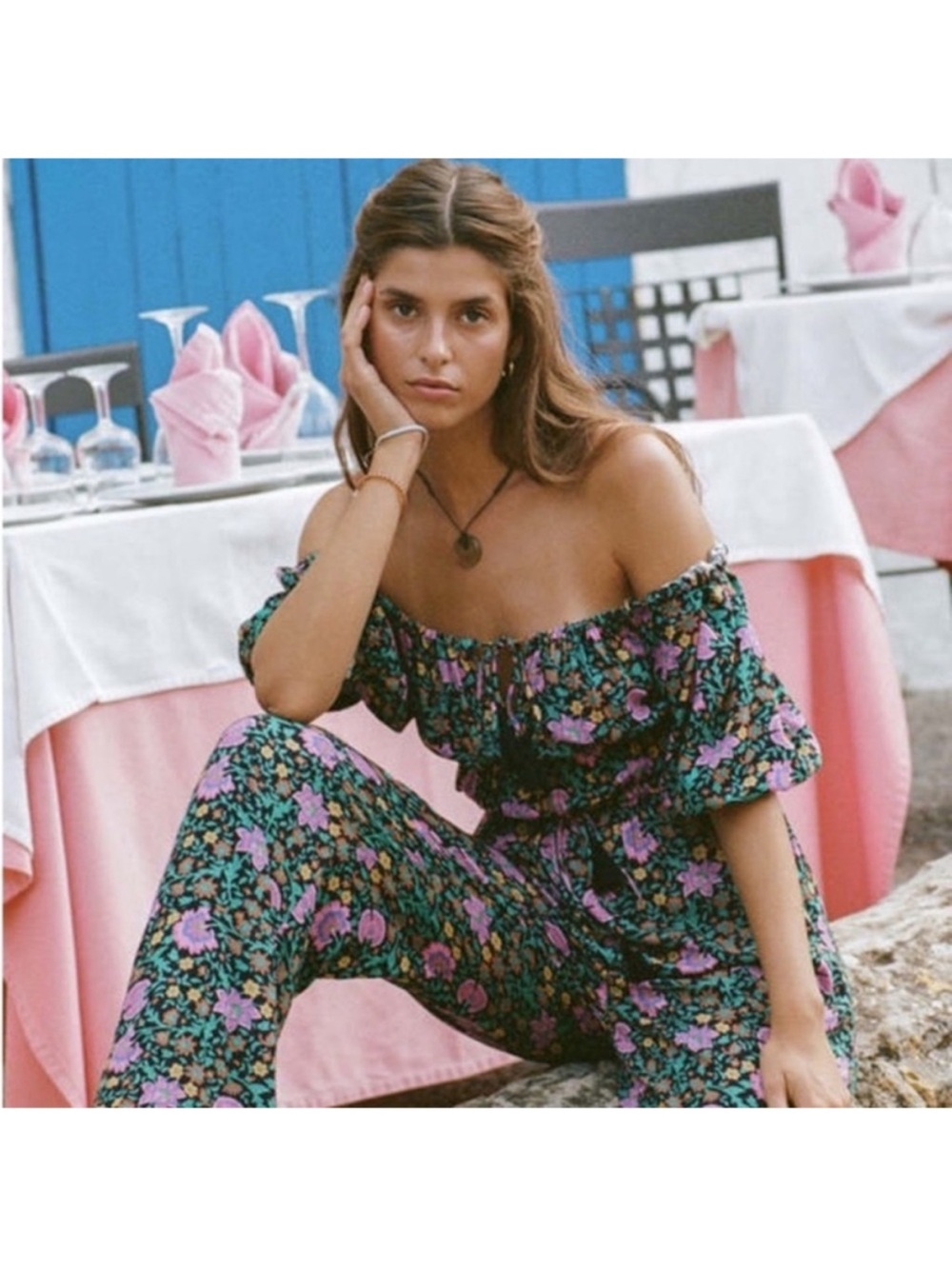 Spell Off-Shoulder Floral Jumpsuit in Green and Purple - Picture 2 of 4